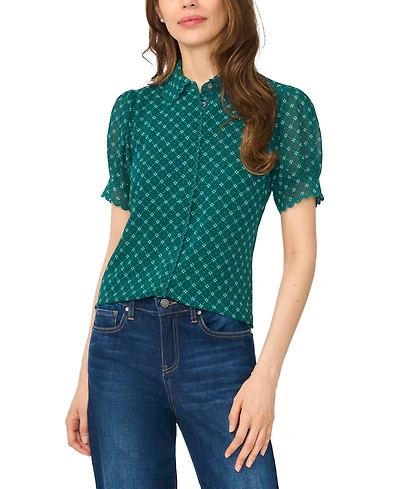 CeCe Women's Scallop-Trim Point-Collar Short-Sleeve Button-Up Top