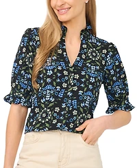 CeCe Women's V-Neck Floral Ruffle Button-Down Blouse