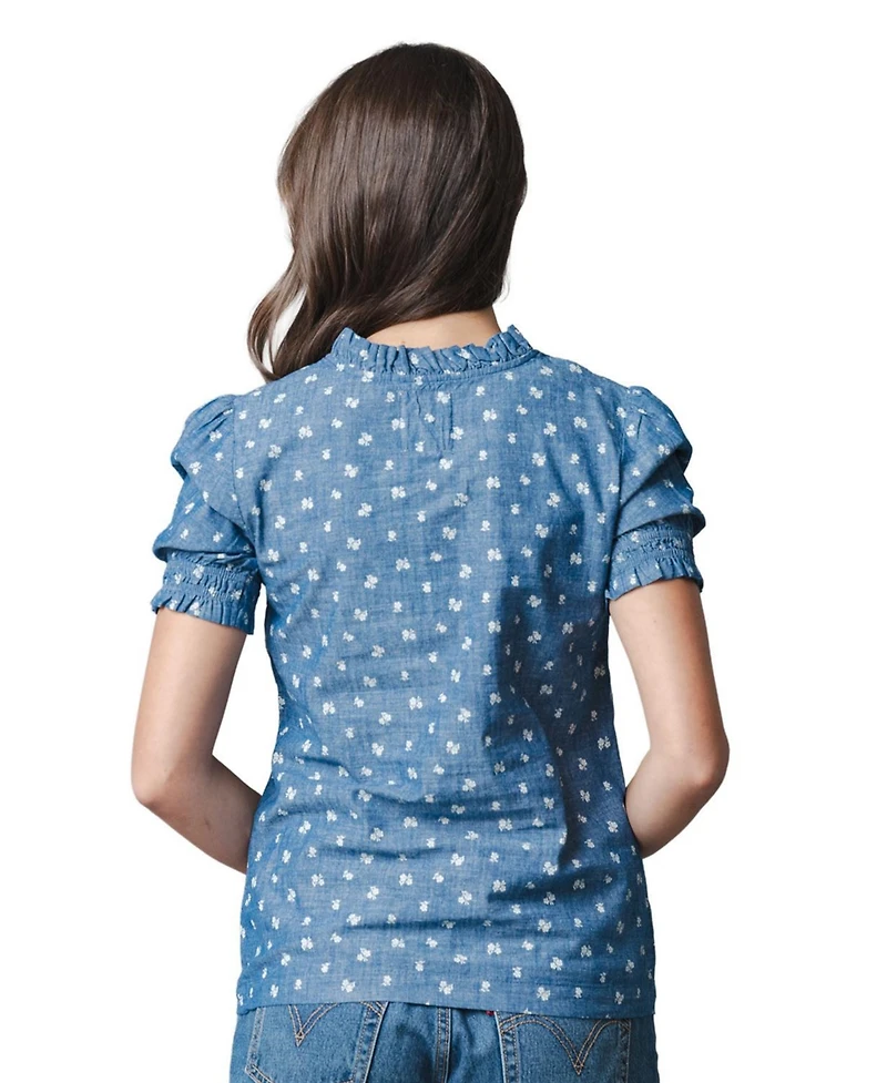 Hope & Henry Women's Chambray Puff-Sleeve Floral-Print Blouse