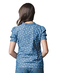 Hope & Henry Women's Chambray Puff-Sleeve Floral-Print Blouse