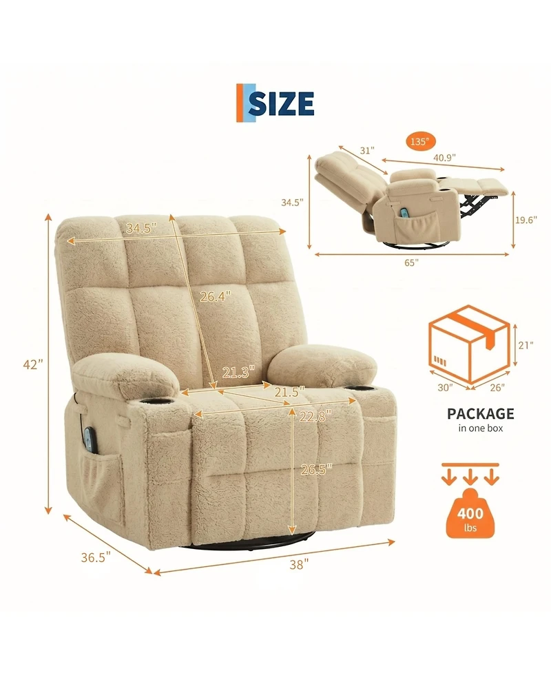 Oversized Swivel Rocker Recliner With Heat and Massage, 8 Vibration Massage Nodes, Lumbar Therapy, Soft Fabric, Cup Holders, For Living Room