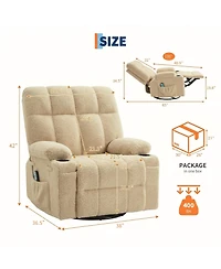 Oversized Swivel Rocker Recliner With Heat and Massage, 8 Vibration Massage Nodes, Lumbar Therapy, Soft Fabric, Cup Holders, For Living Room