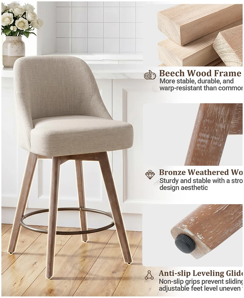 Bekrvio 26" Mid-Century Swivel Counter Height Bar Stools, Upholstered Linen and Pu Leather Kitchen Stools