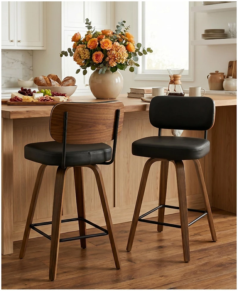 Bekrvio 29" Swivel Bar Stool, Pu Leather Back with Footrest and Solid Wood Frame, Height for Kitchen Island, Mid-Century Modern