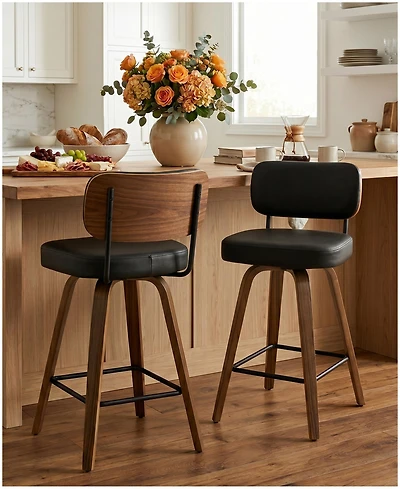 Bekrvio 29" Swivel Bar Stool, Pu Leather Back with Footrest and Solid Wood Frame, Height for Kitchen Island, Mid-Century Modern