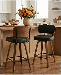 Bekrvio 29" Swivel Bar Stool, Pu Leather Back with Footrest and Solid Wood Frame, Height for Kitchen Island, Mid-Century Modern