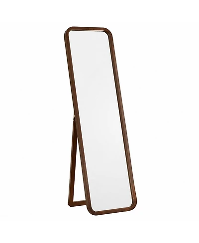 Phying Full Length Floor Mirror with Solid Beech Wood Frame Walnut Finish Freestanding Body Mirror with Support Stand Large Hanging Mirror