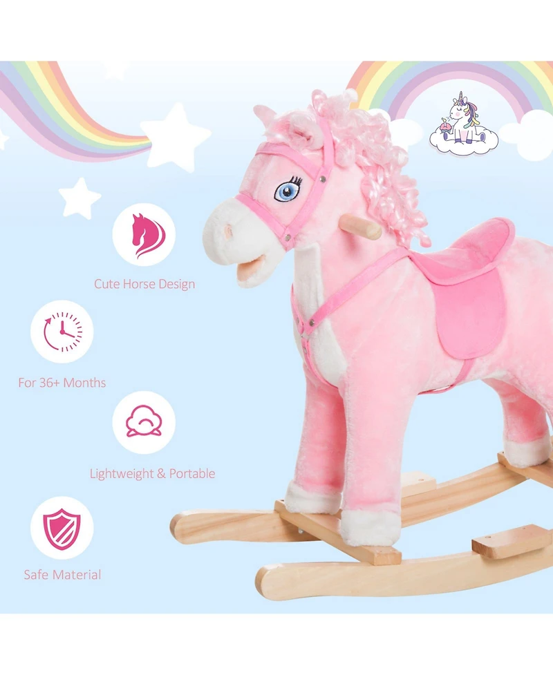 Glintex Kids Ride On Rocking Horse with Realistic Sounds and Swinging Tail, Plush Pony Rocker with Saddle and Footrest for Ages 3 and Up, Pink