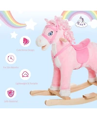 Glintex Kids Ride On Rocking Horse with Realistic Sounds and Swinging Tail, Plush Pony Rocker with Saddle and Footrest for Ages 3 and Up, Pink