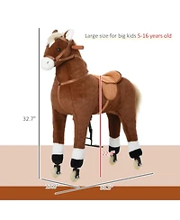 Glintex Ride-On Walking Horse with pedal drive, rolling wheels, steering handlebars, plush pony design, for kids 5-16, supports 130 lbs, Brown.