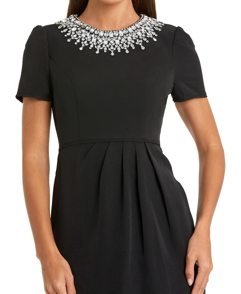 Mac Duggal Petite Rhinestone-Embellished Midi High-Neckline Dress