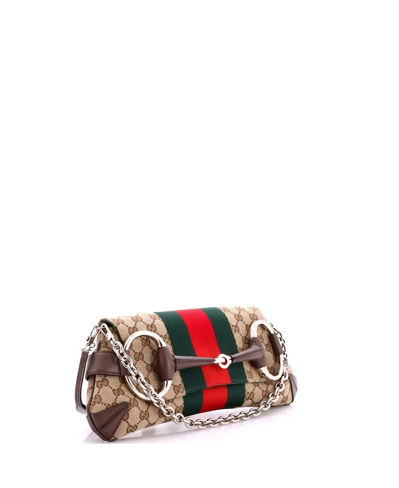 Pre-Owned Gucci Medium Horsebit Nm Web Chain Clutch Gg Canvas