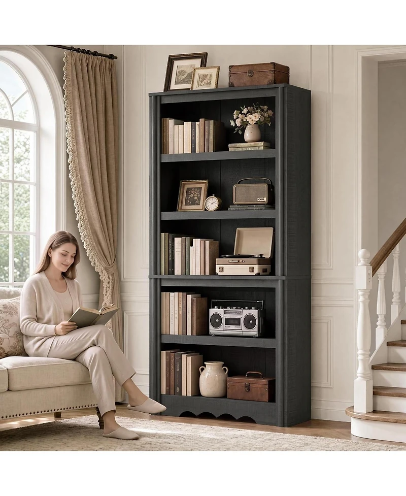 homfan 70.9" Tall Bookshelf - 5-Tier Wood Bookcase with Arched Roman Column Design for Home Office and Living Room