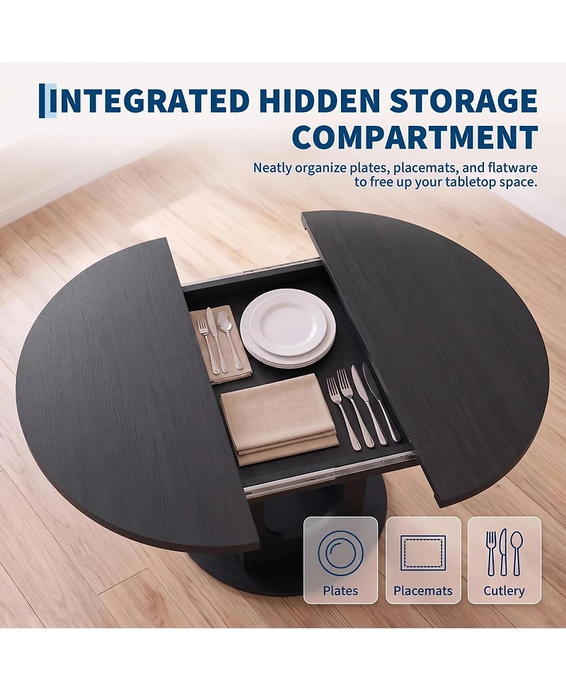 Extendable Dining Table for 4-8, Space Saving Wooden Round to Oval Kitchen with Modern Pedestal Base Apartment Room