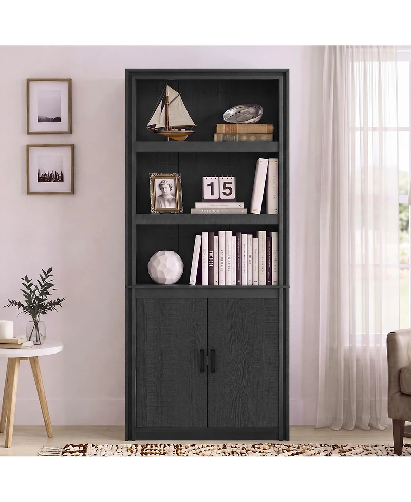71" Tall 5-Tier Farmhouse Bookcase with Doors - Industrial Open Display Shelves for Living Room, Home Office, Bedroom