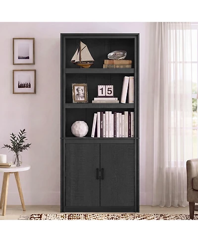 71" Tall 5-Tier Farmhouse Bookcase with Doors - Industrial Open Display Shelves for Living Room, Home Office, Bedroom