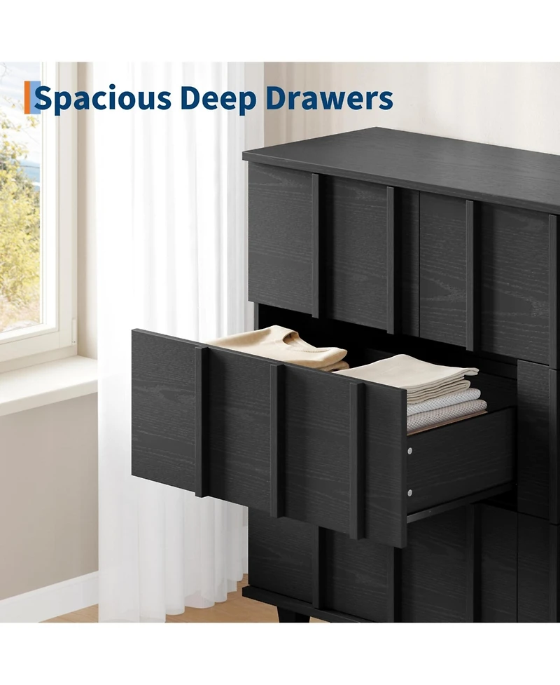 Modern 5 Drawer Tall Dresser Chest, Sleek Fluted Front Panels, Space Saving Clothing Storage Cabinet Designed For Compact Bedroom