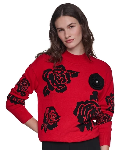 Karl Lagerfeld Paris Women's Mock-Neck Long-Sleeve Floral Sweater