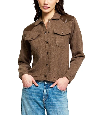 Central Park West Women's Vesper Western X Long-Sleeve Faux-Leather-Shoulder Cardigan