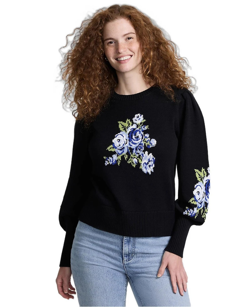 Lands' End Women's Drifter Puff-Sleeve Jacquard Crewneck Sweater