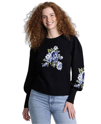 Lands' End Women's Drifter Puff-Sleeve Jacquard Crewneck Sweater