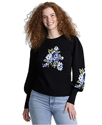 Lands' End Women's Drifter Puff-Sleeve Jacquard Crewneck Sweater