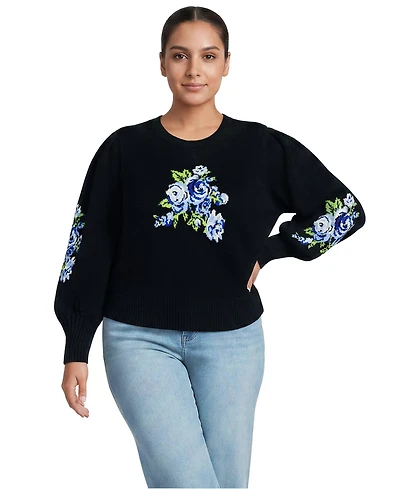 Lands' End Plus Drifter Puff Sleeve Jacquard Crewneck Sweater