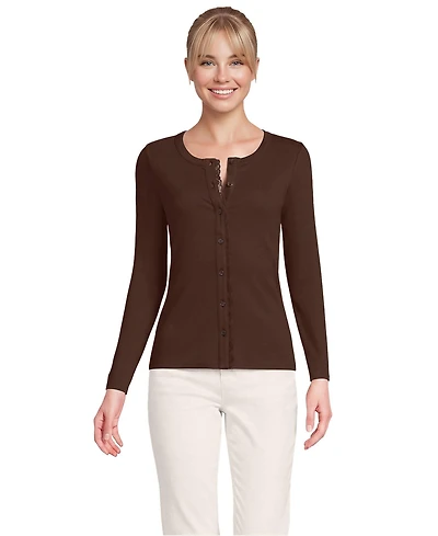 Lands' End Women's Long-Sleeve Lace-Trim Crewneck Cardigan