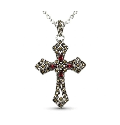 Curata Jewelry Sterling Silver Cubic Zirconia and Marcasite Antique-Finish Cross Pendant