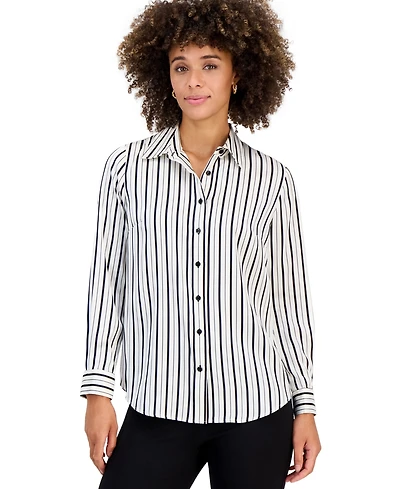 Kasper Petite Printed Long-Sleeve Satin Shirt
