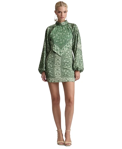 Avec Les Filles Women's Printed Satin High Neck Scarf Mini Dress