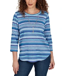 Alfred Dunner Women's Classic Textured Stripe Knit Top With Necklace