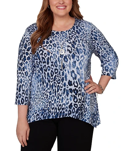 Alfred Dunner Plus Animal Puff Printed Top with Necklace