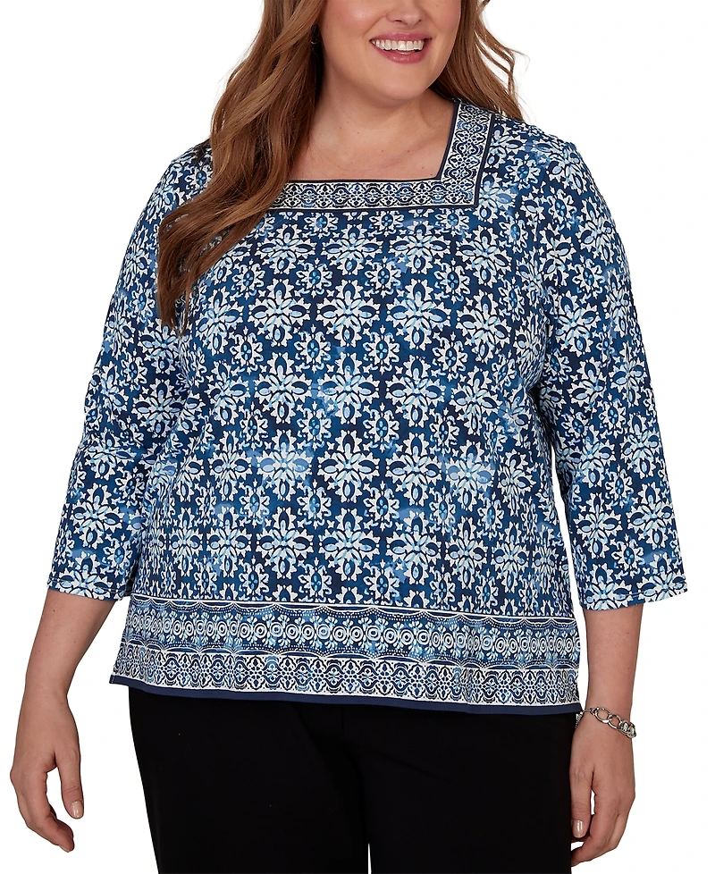 Alfred Dunner Plus Batik Tile Square Neck Top