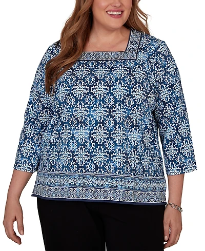Alfred Dunner Plus Batik Tile Square Neck Top