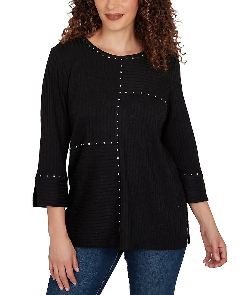 Alfred Dunner Petite Spliced Texture Metallic Studded Top