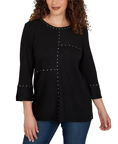 Alfred Dunner Petite Spliced Texture Metallic Studded Top
