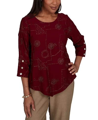 Alfred Dunner Petite Union Square Sparkle Soutache Geo Floral Top