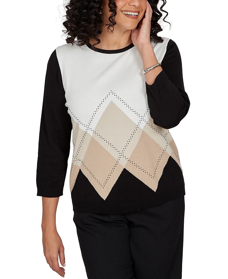 Alfred Dunner Women's Classic Argyle Beaded Sweater