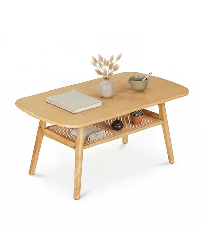 Mecale 2 Tier Boho Rattan Coffee Table with Rounded Corners