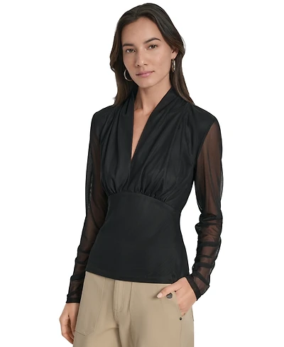 Dkny Women's Mesh V-Neck Long-Sleeve Top