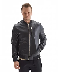 Furniq Uk Men's Genuine Leather Bomber Jacket, Black