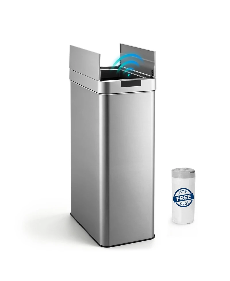Mega Casa 16 Gallon Slim Motion Sensor Trash Can with 26 Bags, Stainless Steel Rectangular Kitchen Garbage Can with Butterfly Silent Close Lid