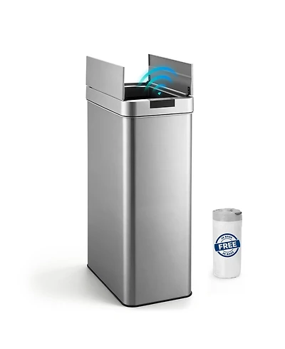 Mega Casa 16 Gallon Slim Motion Sensor Trash Can with 26 Bags, Stainless Steel Rectangular Kitchen Garbage Can with Butterfly Silent Close Lid