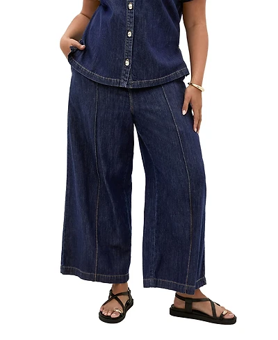 City Chic Plus Tilly High-Rise Wide-Leg Elastic-Back Cotton Denim Pants