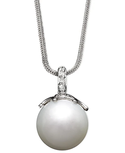 14k White Gold Necklace, Cultured South Sea Pearl (14mm) and Diamond Accent Pendant