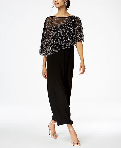 Msk Women's Boat-Neck Embellished-Cape Jersey-Knit Gown