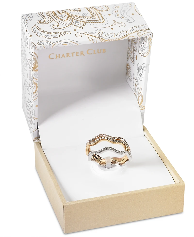 Charter Club Tri-Tone Silver, Gold Plated, 18K Rose Plated 3-Pc. Set Pave Wavy Rings, Created for Macy's