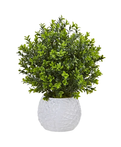 Nearly Natural Boxwood Evergreen Indoor/Outdoor Artificial Plant in White Vase
