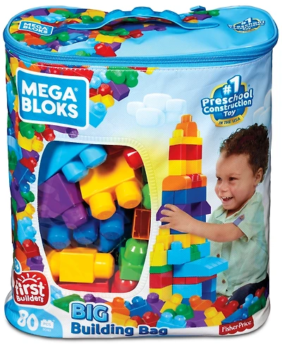 Mega Bloks 80-piece Big Building Bag Blocks for Toddlers 1-3, Blue